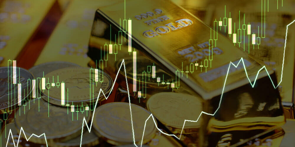 2 line charts on a gold bar and gold coins background image