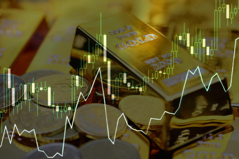 2 line charts on a gold bar and gold coins background image